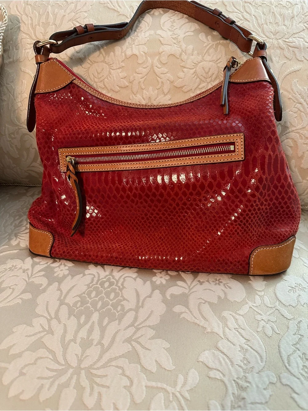 Dooney & Bourke Red Snakeskin-Effect Hobo with Tan Trim